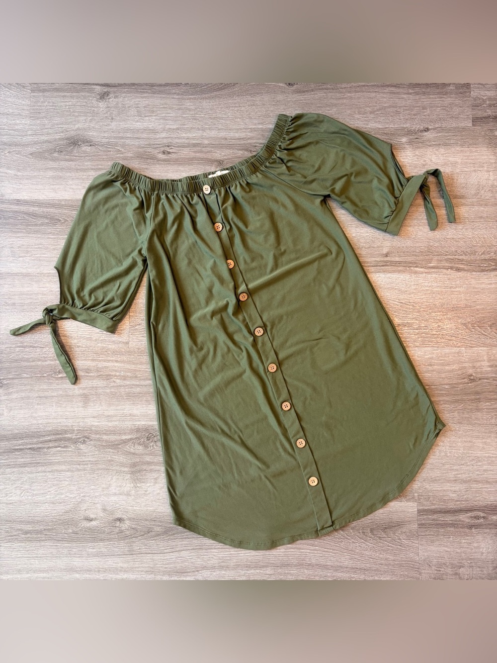 Full Circle Trends olive green off the shoulder dress